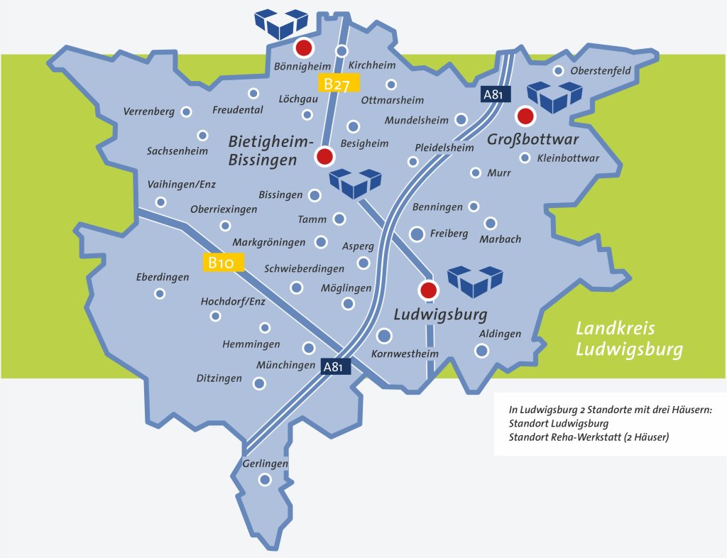 Karte des Landkreises Ludwigsburg auf der alle Standorte der Theo-Lorch-Werkstätten eingezeichnet sind